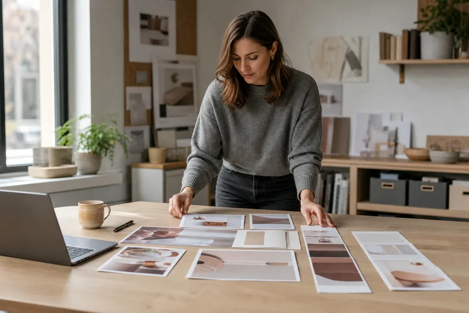 Marketing manager laying out printed static ad proofs in several placement sizes across a desk