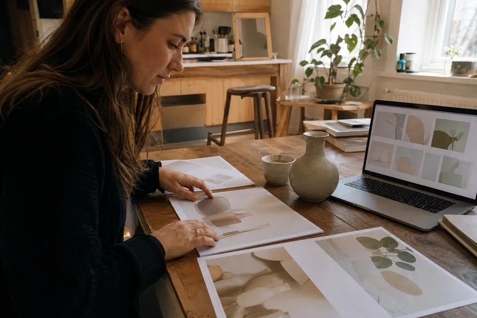 Marketer at a kitchen table reviewing printed static ad proofs in several sizes beside a laptop