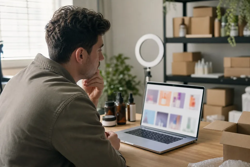 Online store owner checking ad creatives on a laptop beside product samples in a small studio