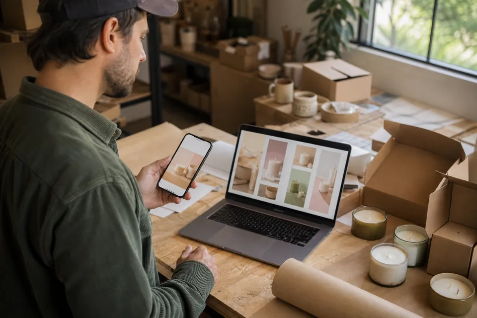 Online shop owner checking a phone ad mockup and a laptop of ad sizes while packing orders