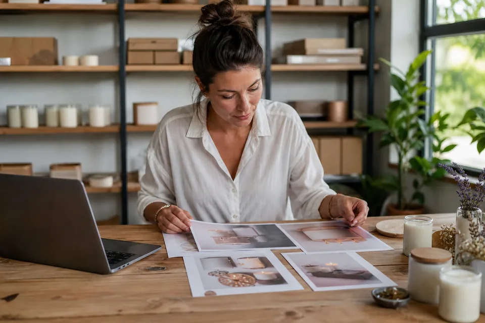 Small online shop owner comparing printed ad proofs in several sizes next to a laptop in her home studio