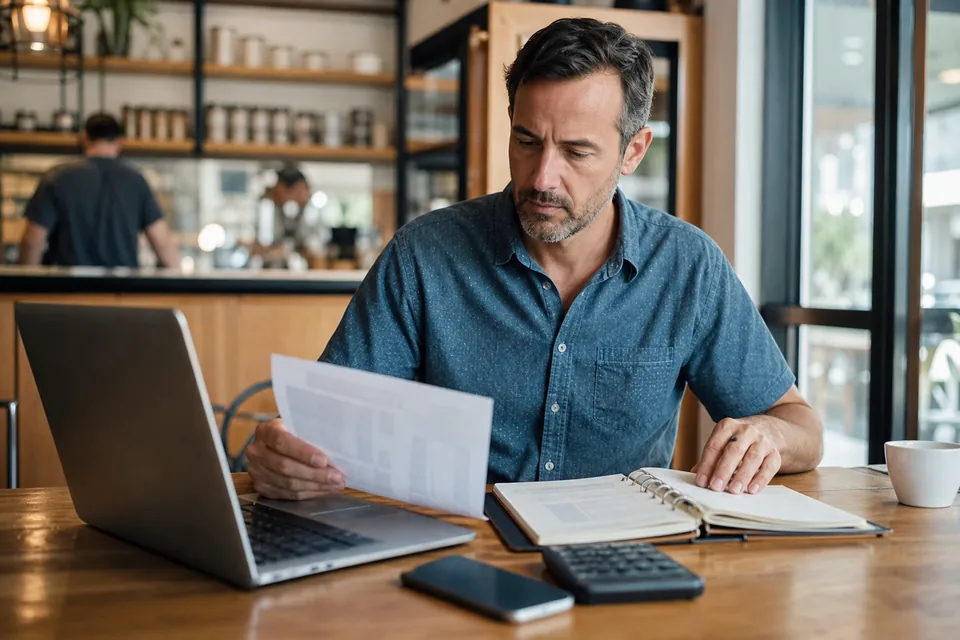 Small business owner reviewing a monthly software invoice against a planner at a cafe table
