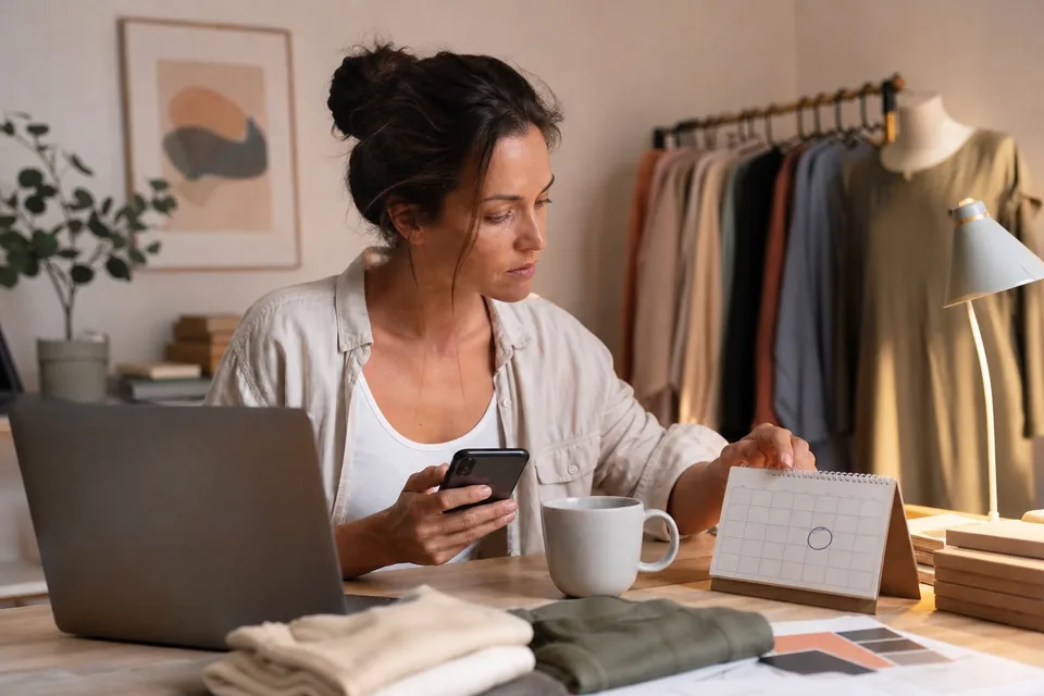 Brand owner reading a subscription renewal notice on a phone while checking a desk calendar