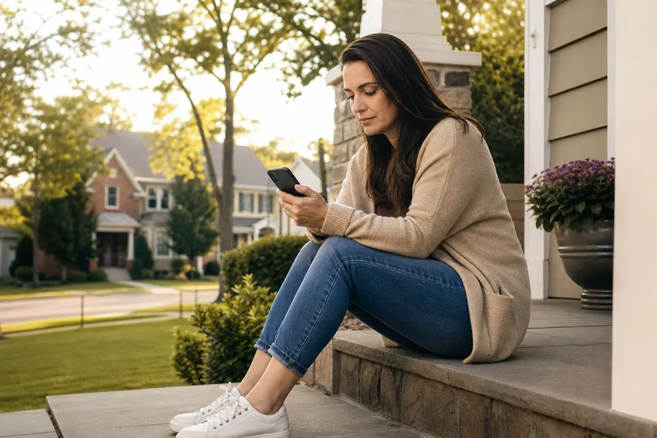 Homeowner on her front porch scrolling a neighborhood feed on her phone