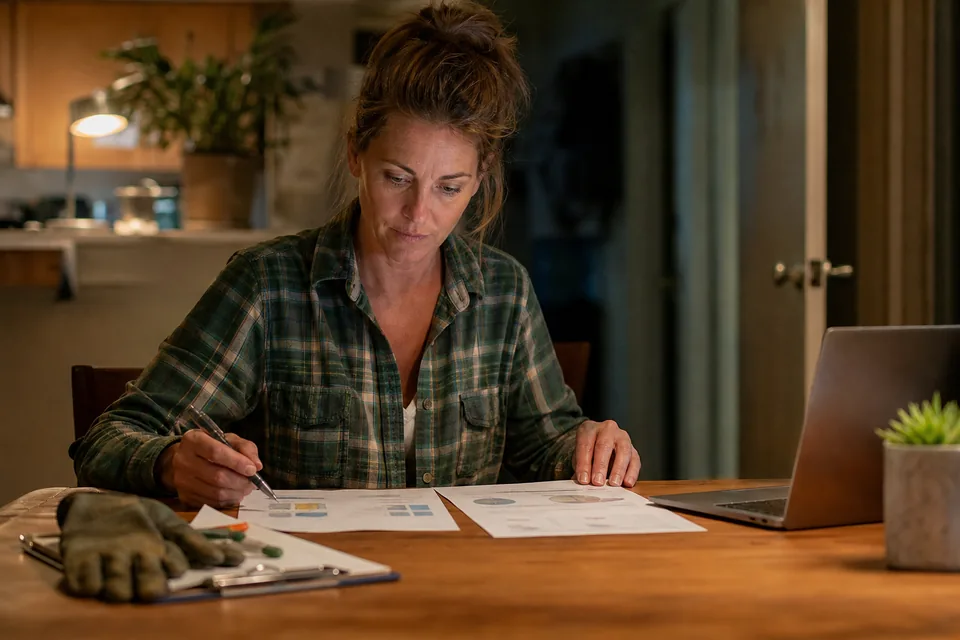 Landscaping company owner comparing two printed advertising reports at her kitchen table
