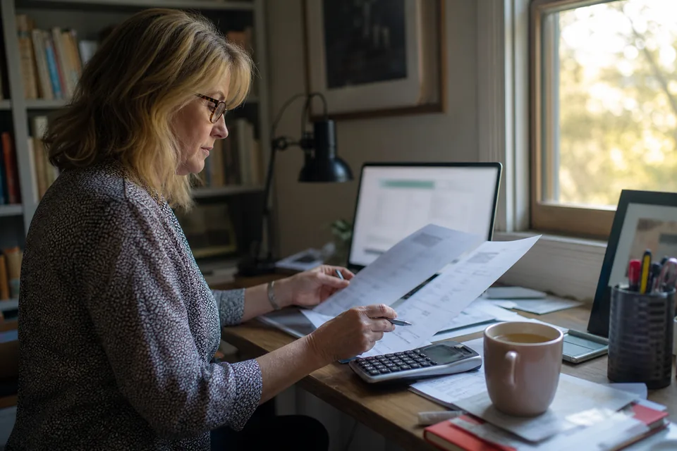 Agency owner comparing a monthly and a yearly subscription receipt with a calculator at her desk