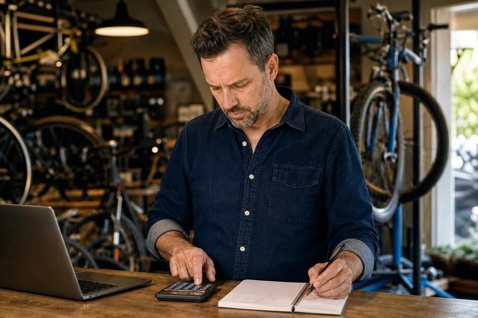 Small shop owner adding up monthly ad software and advertising costs on a calculator beside a laptop