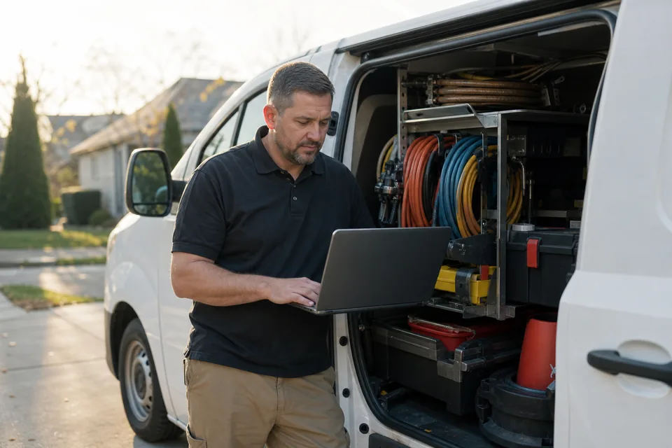 Home services business owner reviewing ads on a laptop beside his service van
