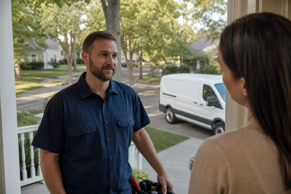 Local plumber talking with a homeowner on her front porch in a suburban neighborhood, service van at the curb